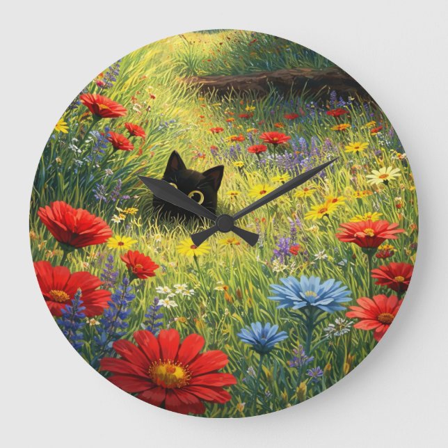 Reloj de pared de gato negro lindo en prado de flo (Anverso)