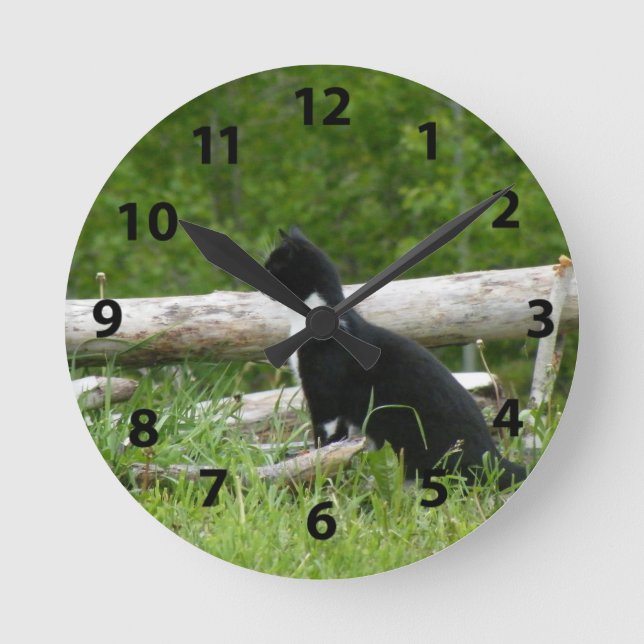 Reloj de pared de gato negro y blanco (Anverso)