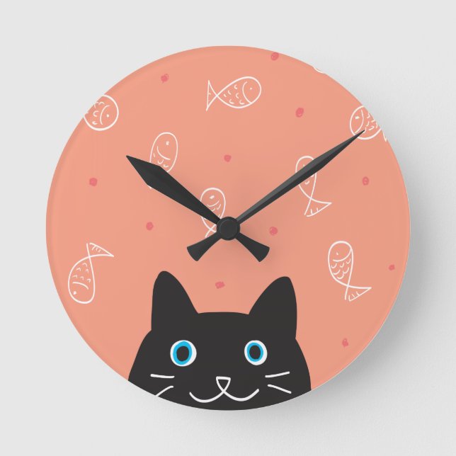 Reloj de pared de gato y pescado negro (Anverso)