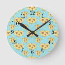 Reloj de pared de girasoles amarillo azul en polvo