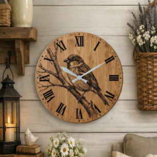 Reloj de pared de gorrión rústico en rama