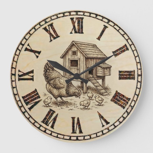 Reloj de pared de granja con gallinas (Anverso)