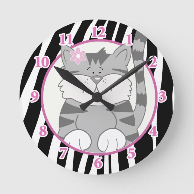 Reloj de pared de Gray Kitten con banda de cebra (Anverso)