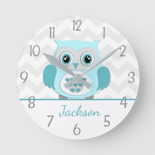 Reloj de pared de guardería de búho gris Aqua verd