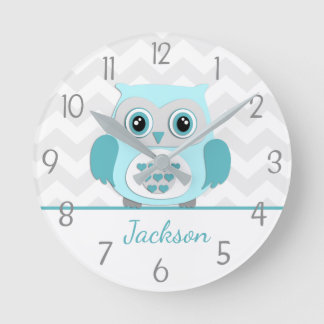 Reloj de pared de guardería de búho gris Aqua verd