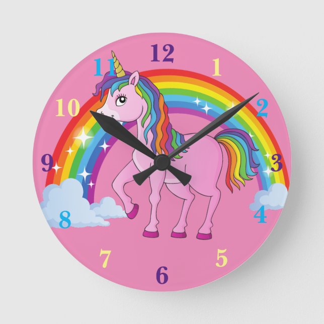 Reloj de pared de guardería rosa Rainbow Unicorn (Anverso)