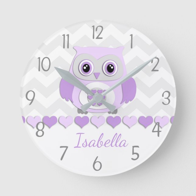 Reloj de pared de guarnición de búho gris morado (Anverso)