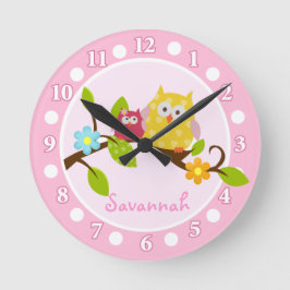 Reloj de pared de guarnición de búhos rosados y am