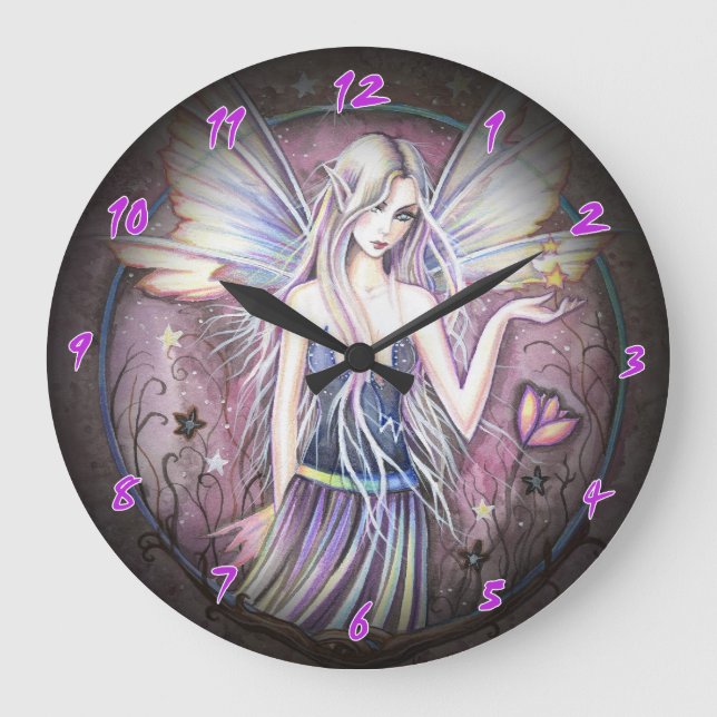 Reloj de pared de hada de flor púrpura rosa (Anverso)