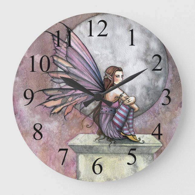 Reloj de pared de hada púrpura y rosa y luna (Anverso)