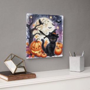 Reloj de pared de Halloween de calabazas y gatos n