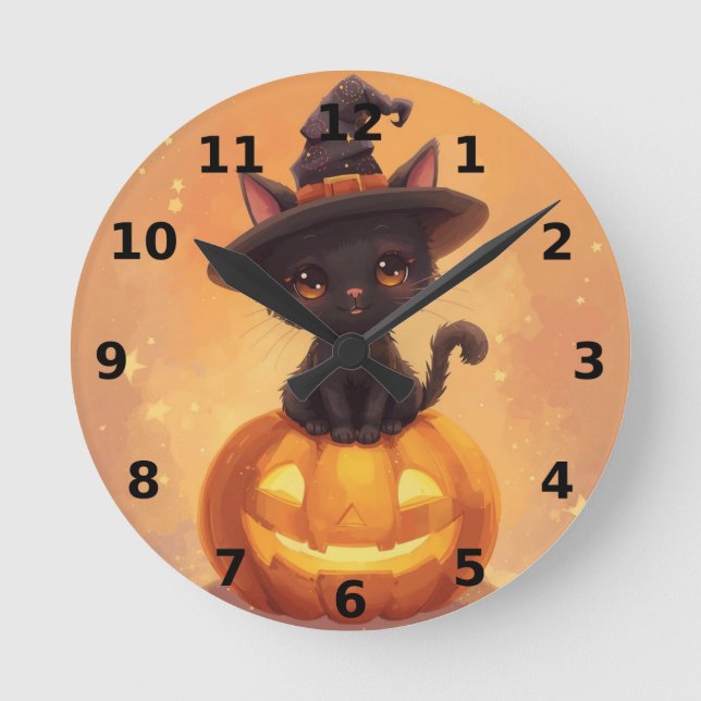 Reloj de pared de Halloween para gato negro (Anverso)