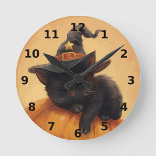 Reloj de pared de Halloween para gato negro durmie