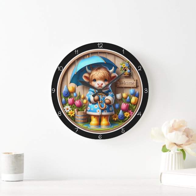 Reloj de pared de Highland Cow día lluvioso (Hogar)