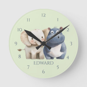 Reloj de pared de hipopótamo y elefante safari azu