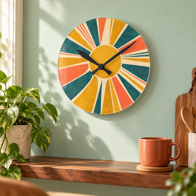 Reloj de pared de hora con ráfaga de sol (8 inch acrylic wall clock with black hands. Flat printed design. Styled scene; props not included.)