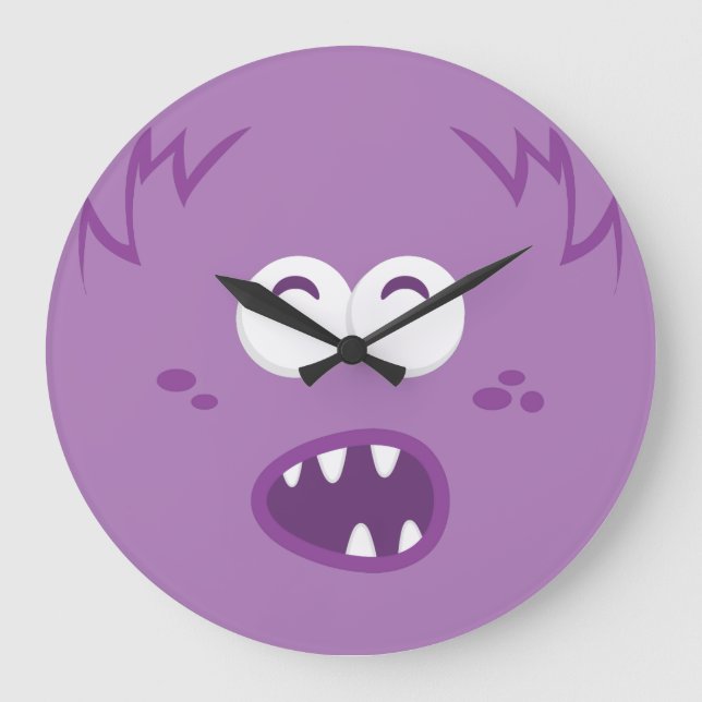 Reloj de pared de la cara de un monstruo morado (Anverso)