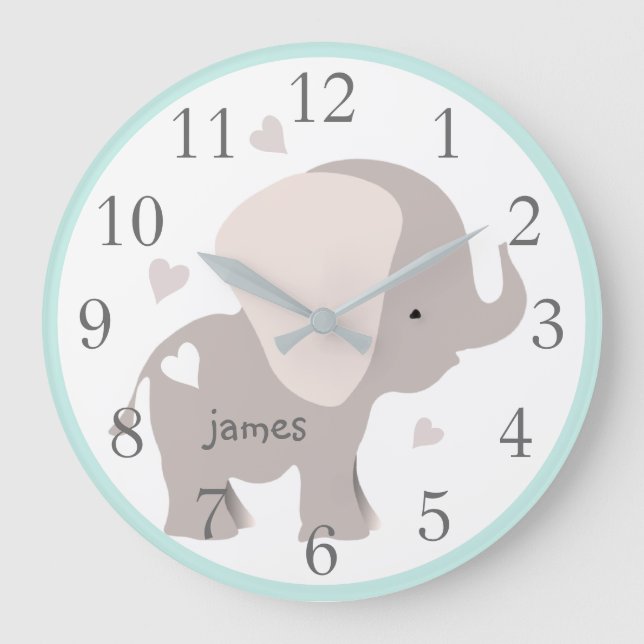 Reloj de pared de la guardería de elefante gris de (Anverso)
