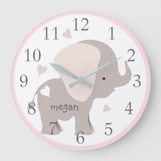 Reloj de pared de la guardería de elefante gris ro (Anverso)