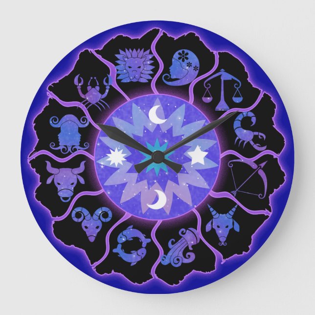 Reloj de pared de la rueda zodiac en azul y negro (Anverso)