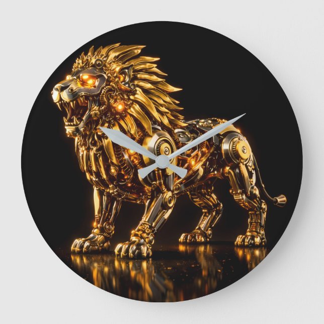 Reloj de pared de león dorado majestuoso Steampunk (Anverso)
