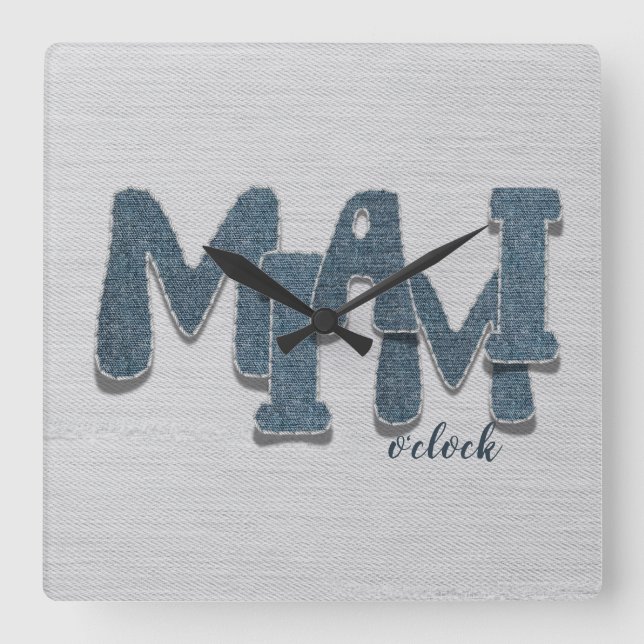Reloj de pared de letras de mezclilla de Miami Flo (Anverso)