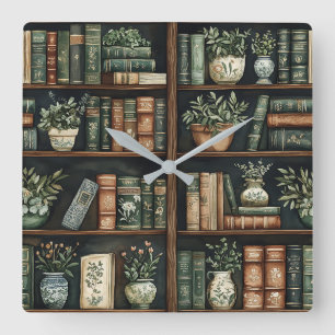 Reloj de pared de libros y flores