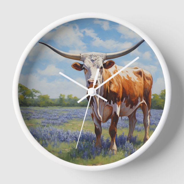 Reloj de pared de Longhorn y Bluebonnets (Anverso)