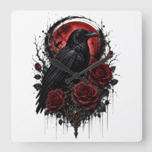 Reloj de pared de luna y rosas rojas cuervo gótico