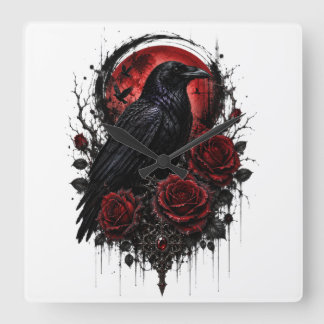 Reloj de pared de luna y rosas rojas cuervo gótico