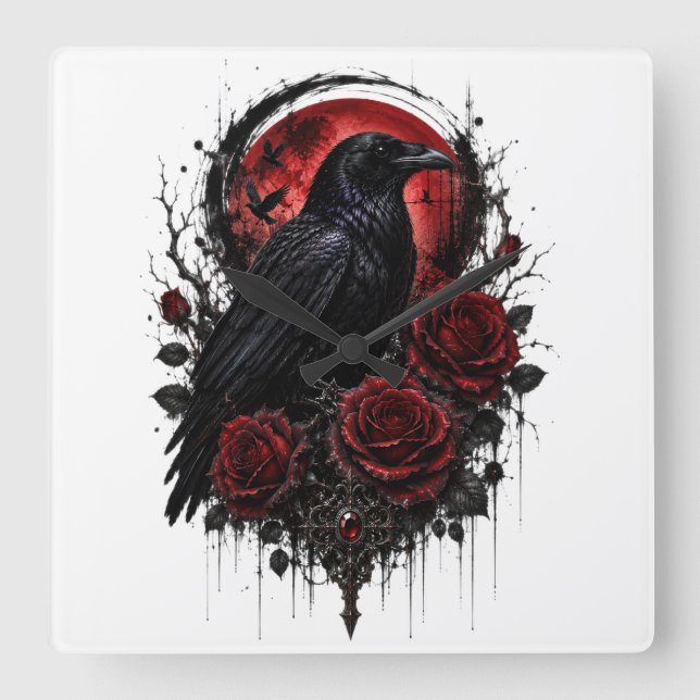 Reloj de pared de luna y rosas rojas cuervo gótico (Anverso)