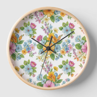 Reloj de pared de madera con patrón de flores silv