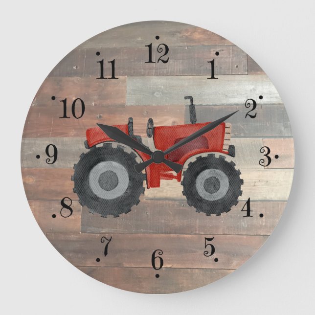 Reloj de pared de madera falsa con tractor rojo de (Anverso)