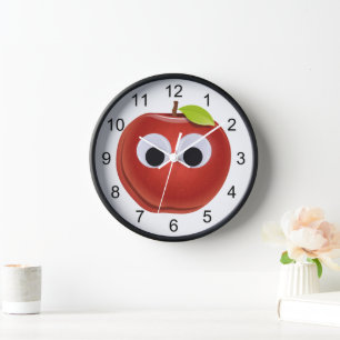 Reloj de pared de manzana roja divertida con ojos