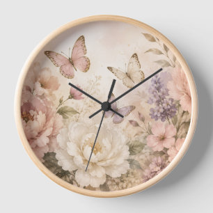 Reloj de pared de mariposa y flores en acuarela