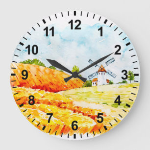 Reloj de pared de molino de viento de granja acuar