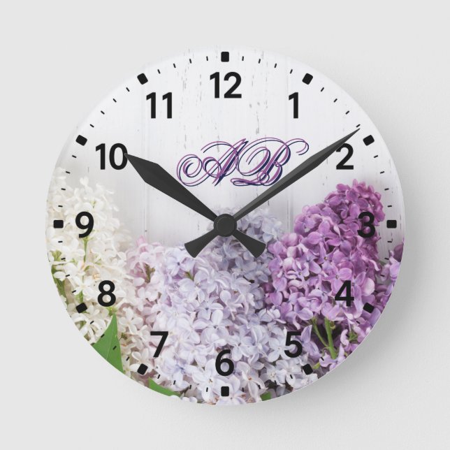 Reloj de pared de monograma de lila | Floral perso (Anverso)