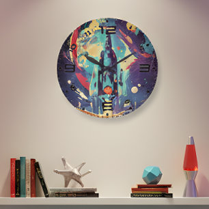 Reloj de pared de nave espacial retro vibrante