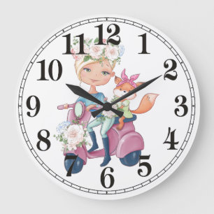 Reloj de pared de niña linda en scooter con zorro
