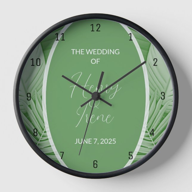 Reloj de pared de nombre de pareja de Boda verde t (Anverso)