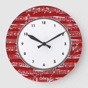 Reloj de pared de notas musicales rojas con número