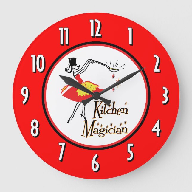 Reloj de pared de números blancos rojos de cocina (Anverso)