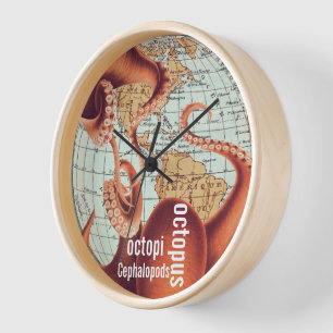 Reloj de pared de octopus de mapa antiguo