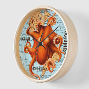Reloj de pared de octopus de mapa antiguo