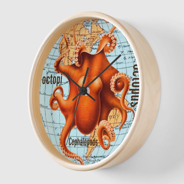 Reloj de pared de octopus de mapa antiguo (Ángulo)