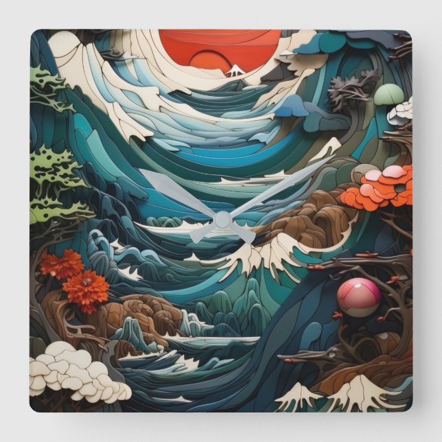 Reloj de pared de olas de océano en capas y sol ro (Anverso)