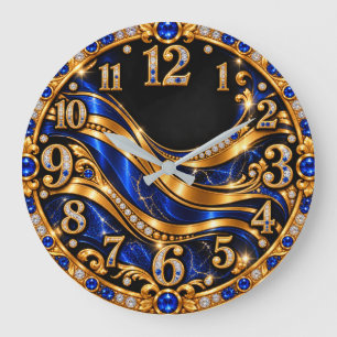 Reloj de pared de onda enjoyada de lujo azul y dor