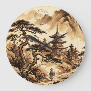 Reloj de pared de pagoda japonesa vintage y pino