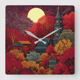 Reloj de pared de paisaje oriental iluminado por l