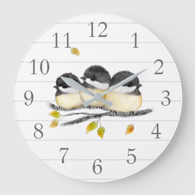 Reloj de pared de pájaros de pollo blanco y gris (Anverso)